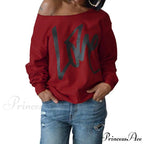Love Tops Pullover for Patterned Off Slouchy Shoulder Sweatshirt Letter Women image 5