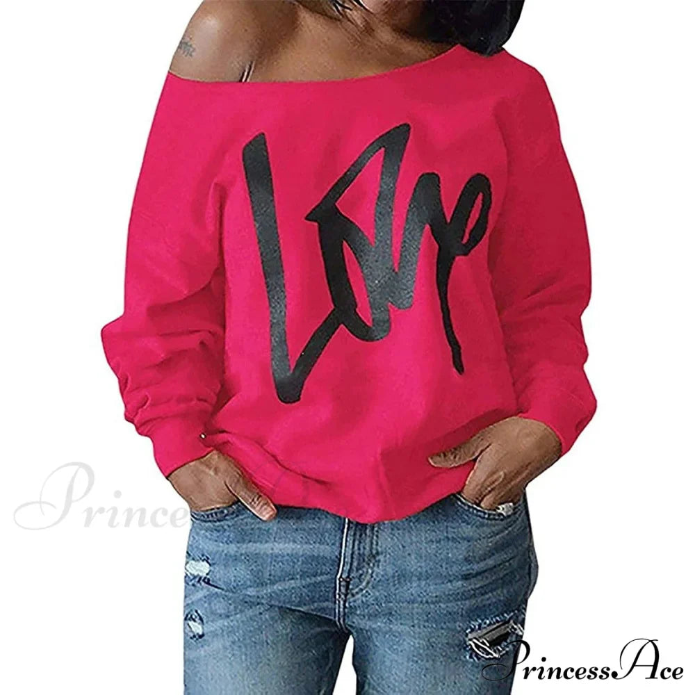 Love Tops Pullover for Patterned Off Slouchy Shoulder Sweatshirt Letter Women image 8