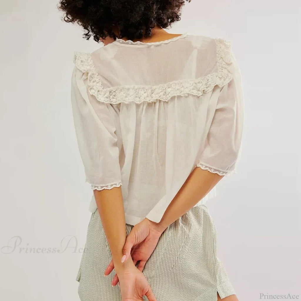 Low Cut Chiffon Ruffle Lace Trim Blouse image 6