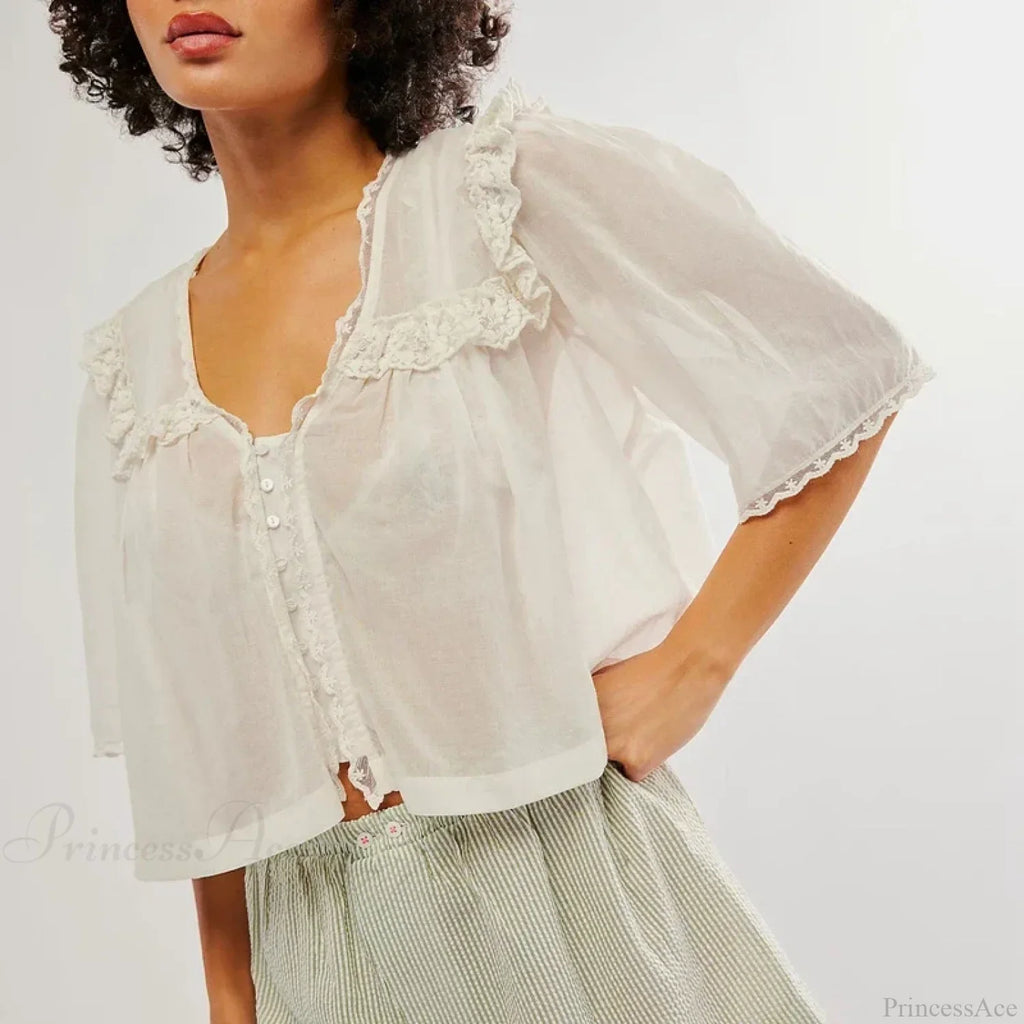 Low Cut Chiffon Ruffle Lace Trim Blouse image 5
