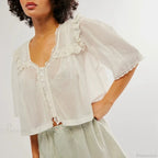 Low Cut Chiffon Ruffle Lace Trim Blouse image 5