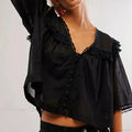 Low Cut Chiffon Ruffle Lace Trim Blouse image 1