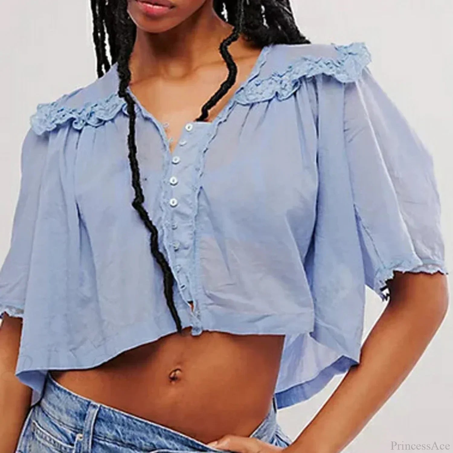 Low Cut Chiffon Ruffle Lace Trim Blouse image 3
