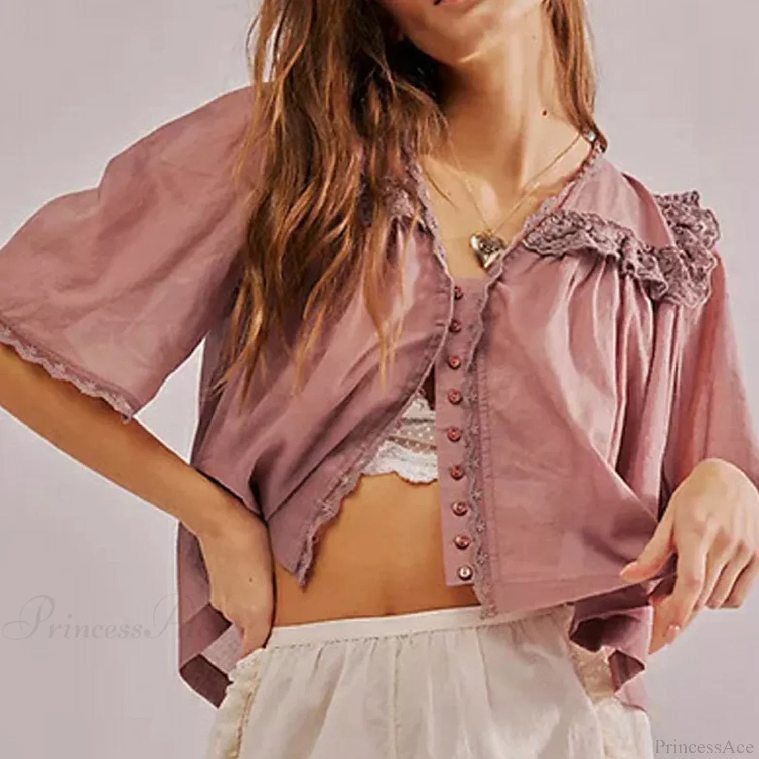 Low Cut Chiffon Ruffle Lace Trim Blouse image 4