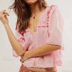 Low Cut Chiffon Ruffle Lace Trim Blouse image 7