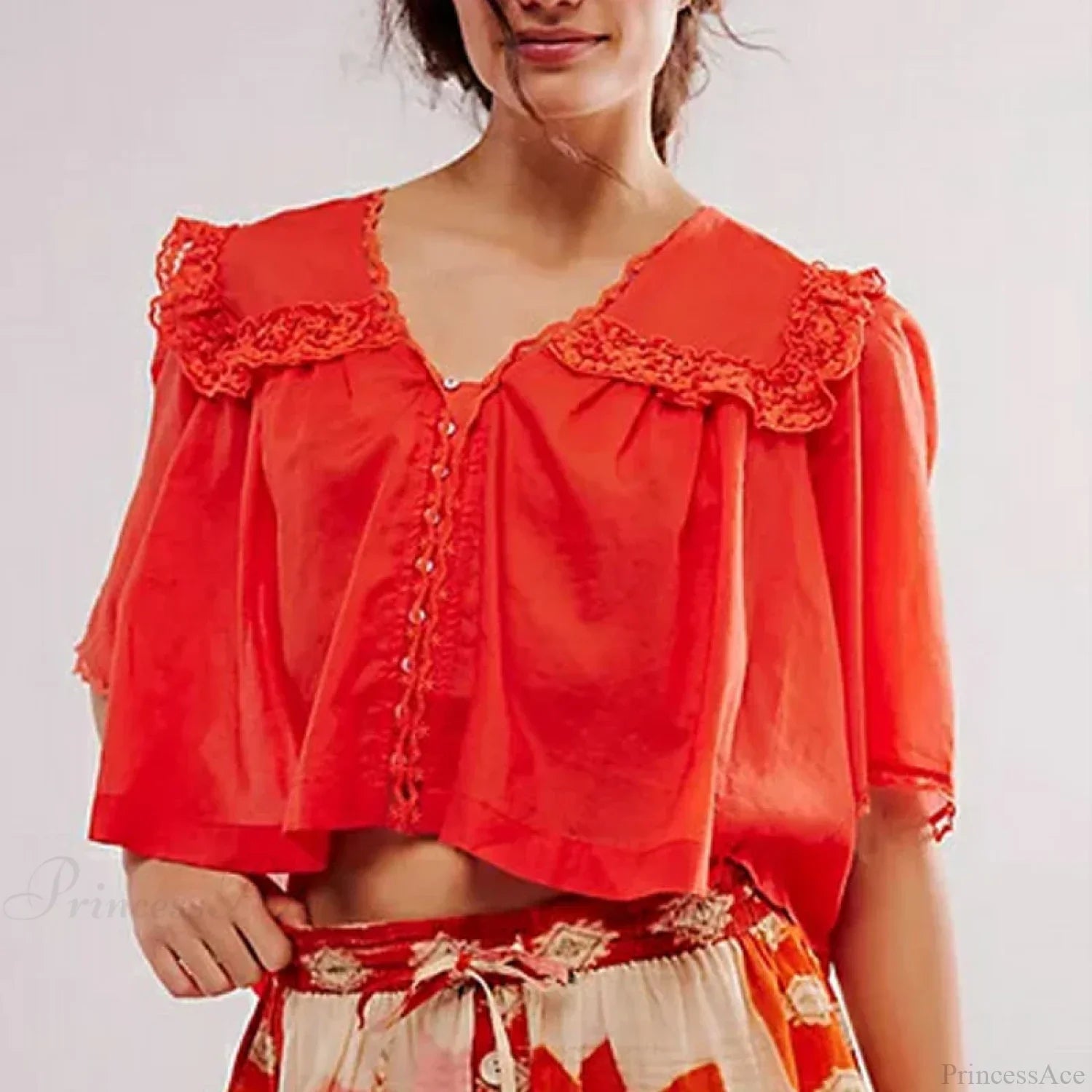 Low Cut Chiffon Ruffle Lace Trim Blouse image 2
