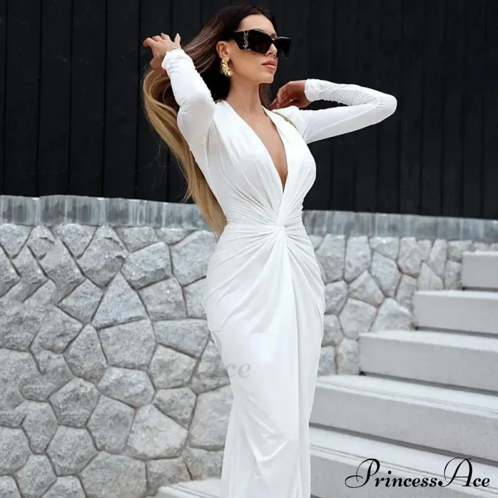 Low Cut Long Sleeve Split Deep Neck Ruched Elegant Midi Dress image 2