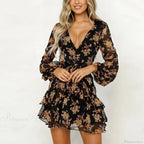 Low Cut V-Neck Bohemian Lace-Up Floral Dress image 1