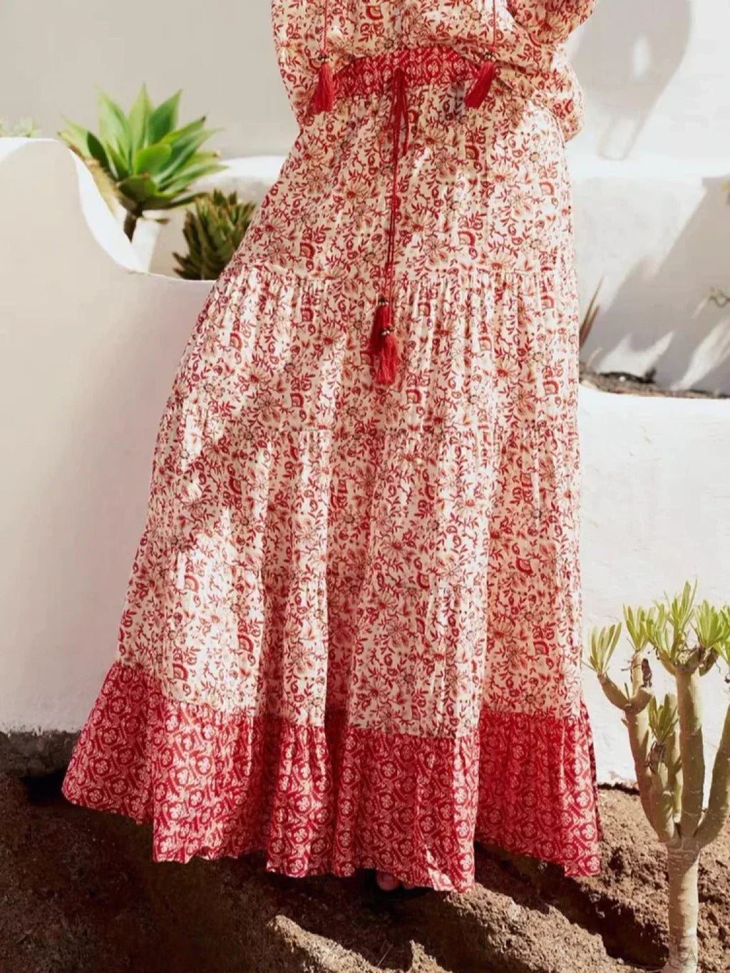 Low Waist A-line Beach Skirt Floral Red Maxi Ruffled Holiday image 1