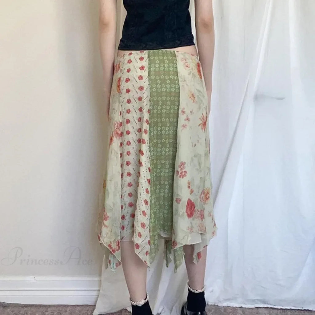 Low Waist Boho Skirts Irregular Length Floral Chiffon Vacation image 3