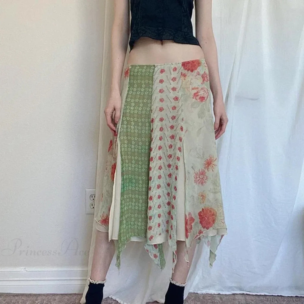 Low Waist Boho Skirts Irregular Length Floral Chiffon Vacation image 2