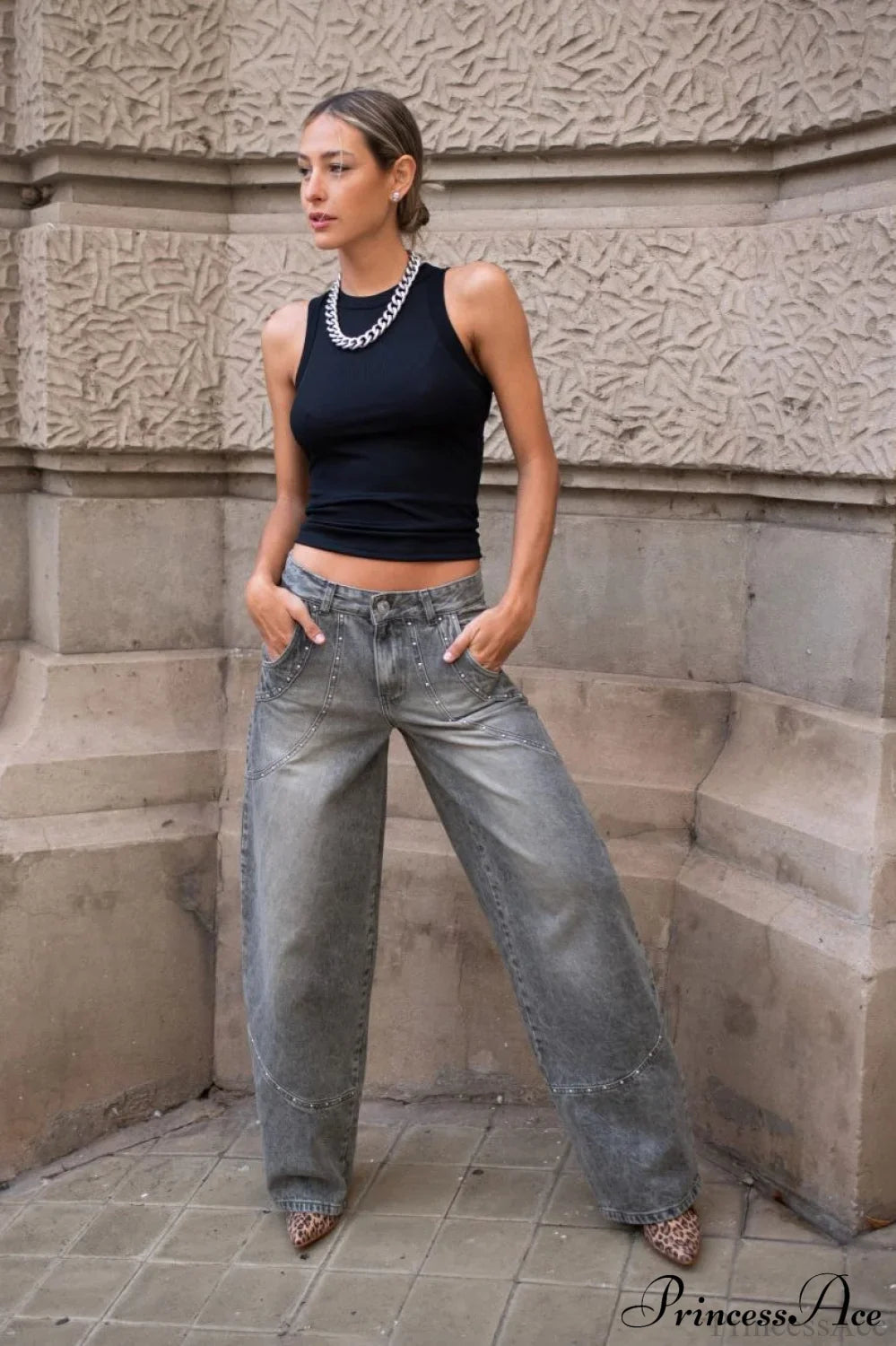 Low Waisted Relaxed Rhinestone Straight Jeans image 3