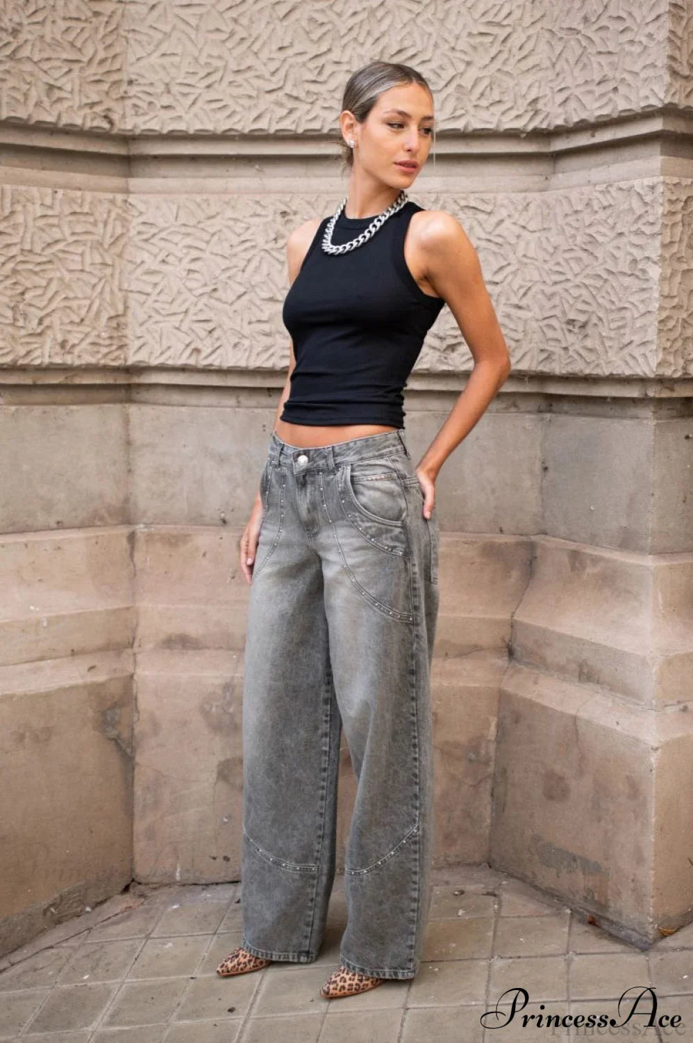 Low Waisted Relaxed Rhinestone Straight Jeans image 2