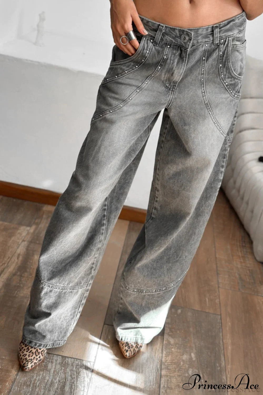 Low Waisted Relaxed Rhinestone Straight Jeans image 1