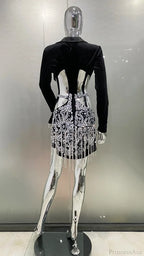 Luxury Diamonds Tassel Sexy Hollow Notched Black Mini Dress Evening Party Dress image 6