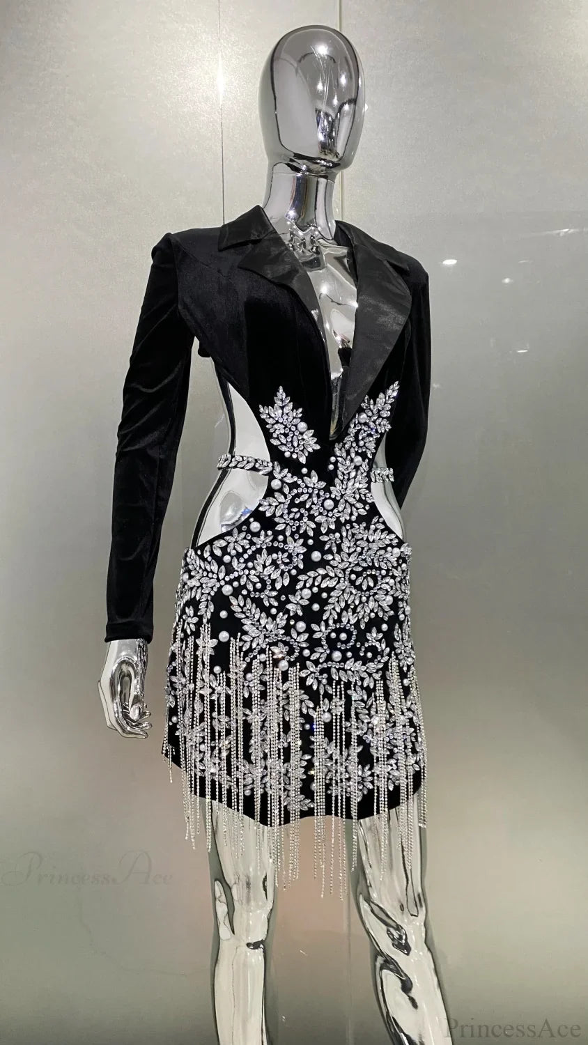 Luxury Diamonds Tassel Sexy Hollow Notched Black Mini Dress Evening Party Dress image 5