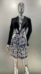 Luxury Diamonds Tassel Sexy Hollow Notched Black Mini Dress Evening Party Dress image 3