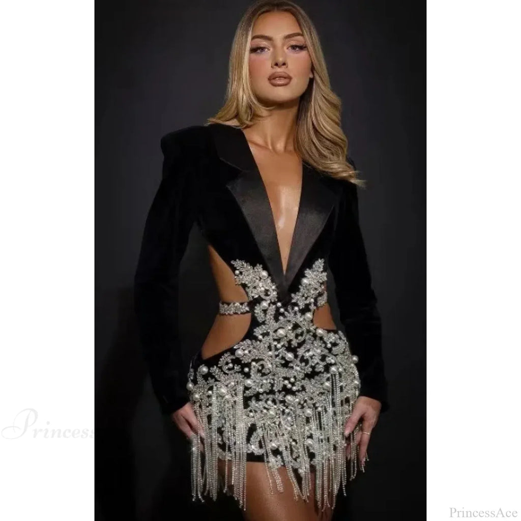 Luxury Diamonds Tassel Sexy Hollow Notched Black Mini Dress Evening Party Dress image 1
