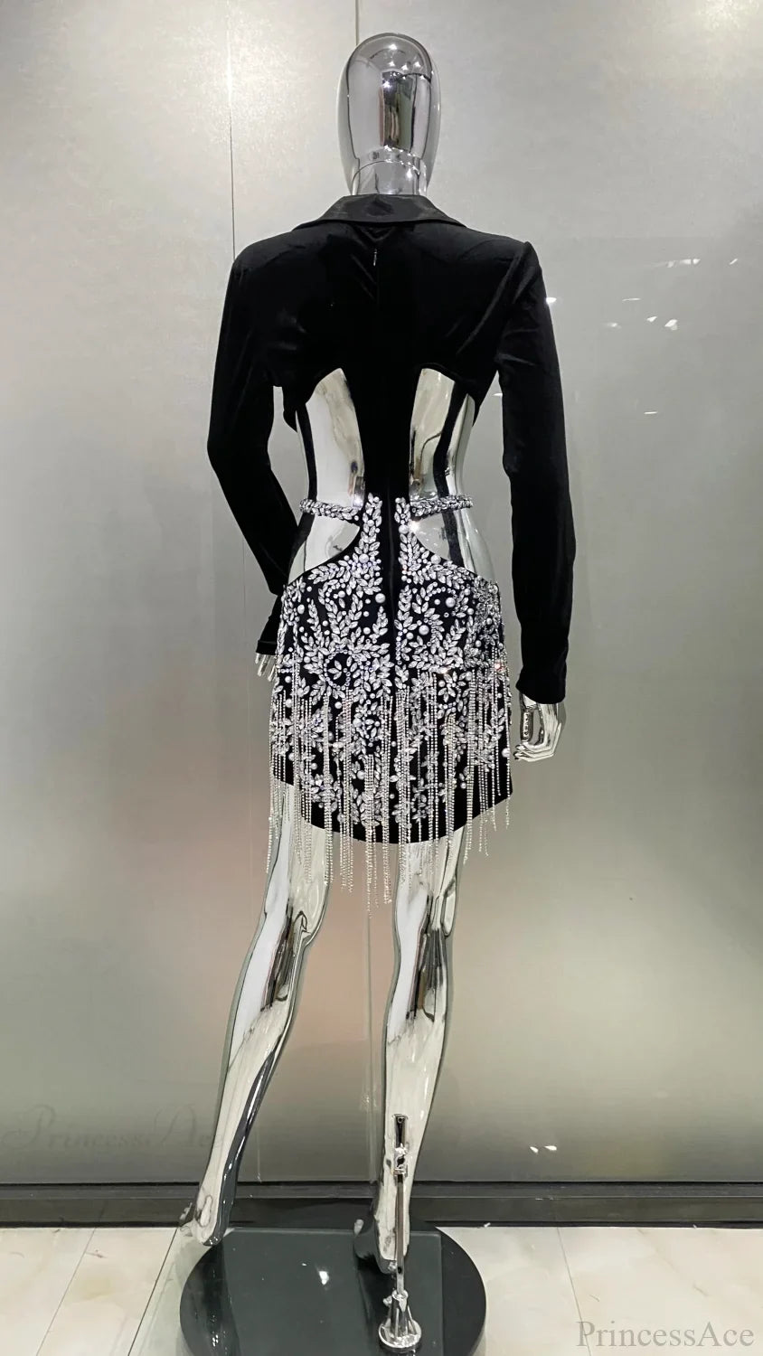 Luxury Diamonds Tassel Sexy Hollow Notched Black Mini Dress Evening Party Party Dress image 6