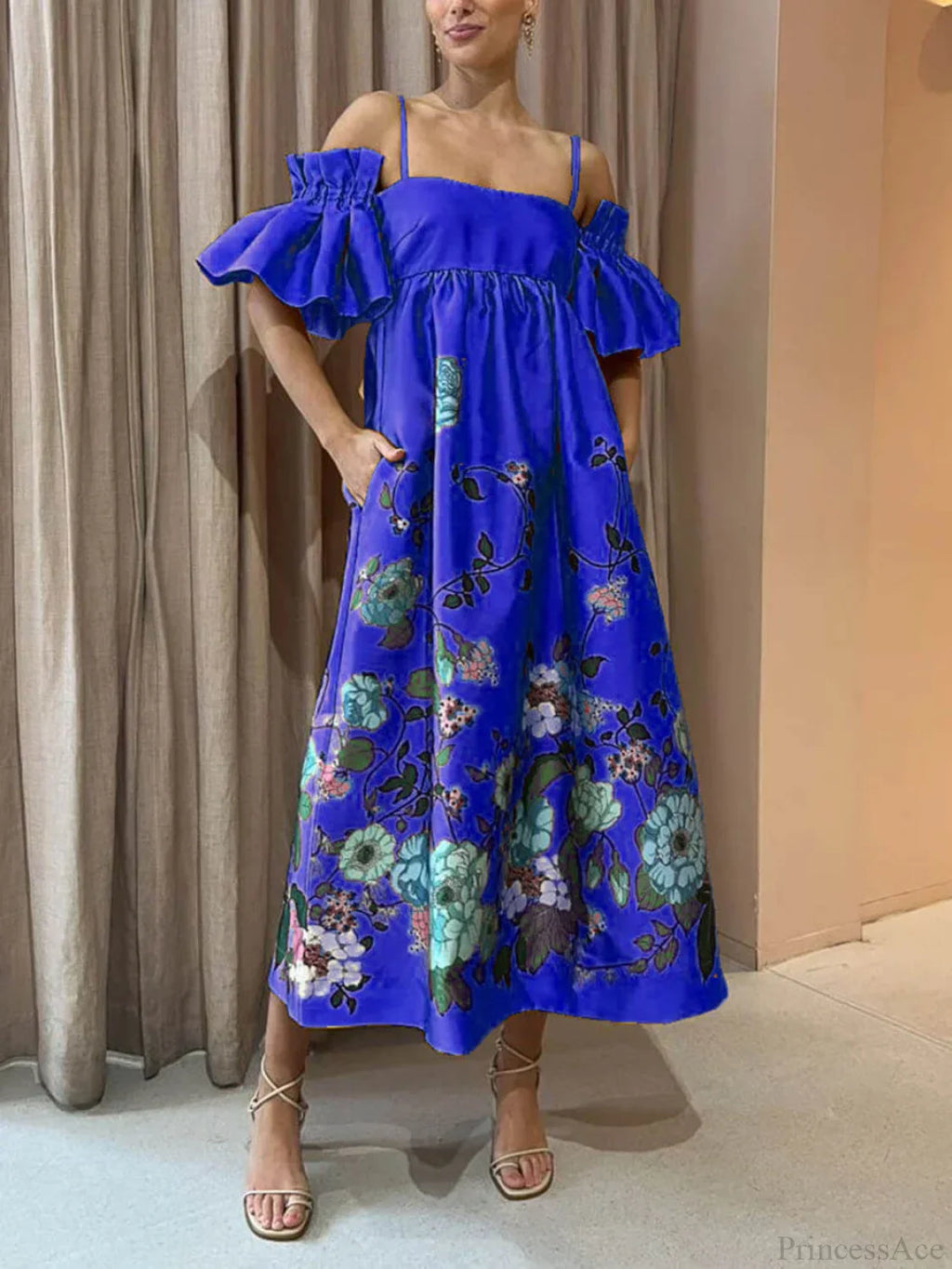 Marigold Printed Gathered Sleeve Graceful Pocketed A-Line Midi Dress image 6