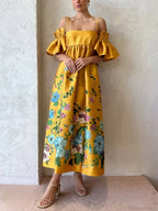 Marigold Printed Gathered Sleeve Graceful Pocketed A-Line Midi Dress image 2