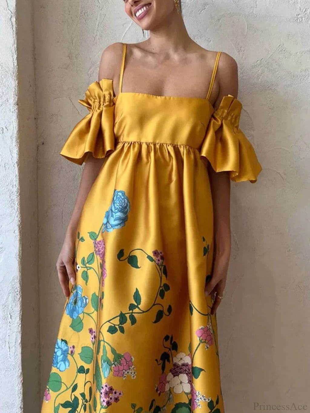 Marigold Printed Gathered Sleeve Graceful Pocketed A-Line Midi Dress image 3