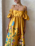 Marigold Printed Gathered Sleeve Graceful Pocketed A-Line Midi Dress image 3