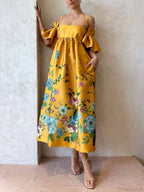 Marigold Printed Gathered Sleeve Graceful Pocketed A-Line Midi Dress image 4