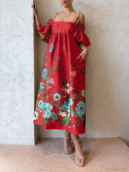 Marigold Printed Gathered Sleeve Graceful Pocketed A-Line Midi Dress image 8