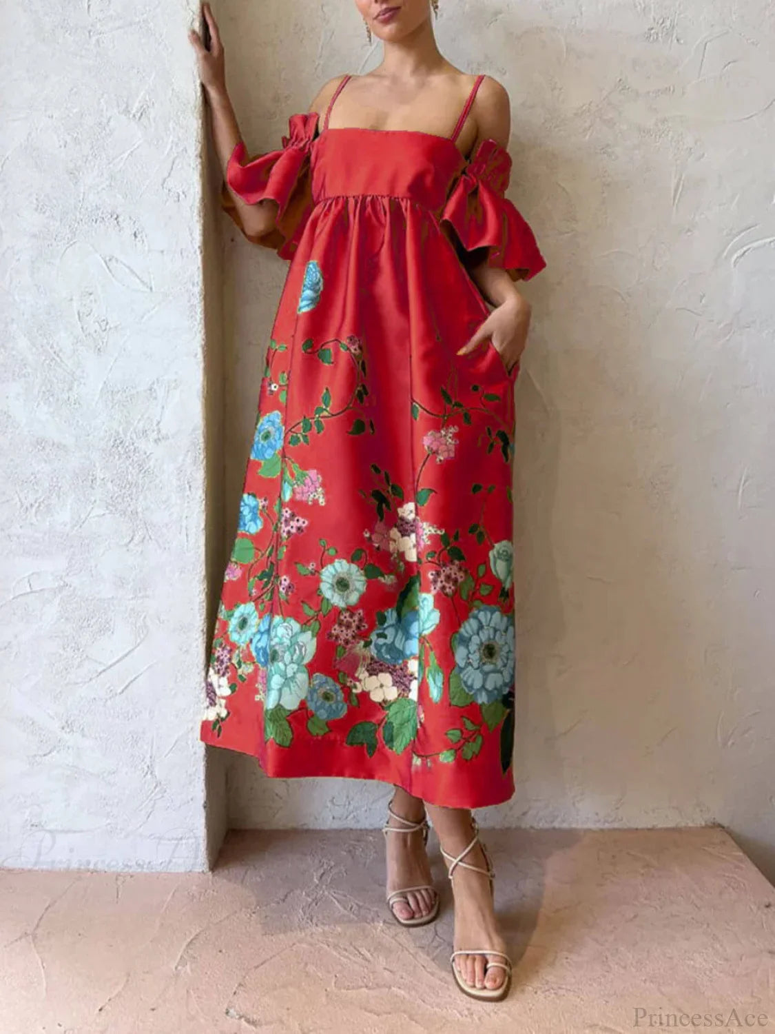 Marigold Printed Gathered Sleeve Graceful Pocketed A-Line Midi Dress image 8