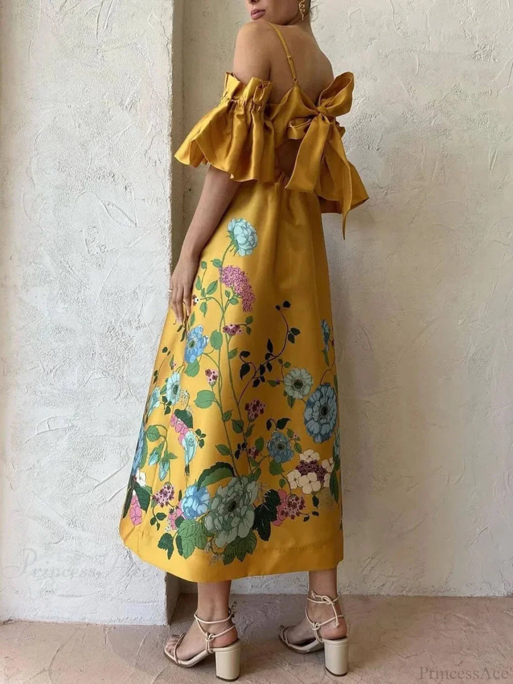 Marigold Printed Gathered Sleeve Graceful Pocketed A-Line Midi Dress image 5