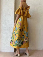 Marigold Printed Gathered Sleeve Graceful Pocketed A-Line Midi Dress image 5