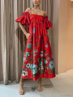 Marigold Printed Gathered Sleeve Graceful Pocketed A-Line Midi Dress image 7
