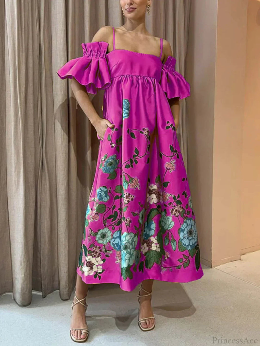 Marigold Printed Gathered Sleeve Graceful Pocketed A-Line Midi Dress image 9