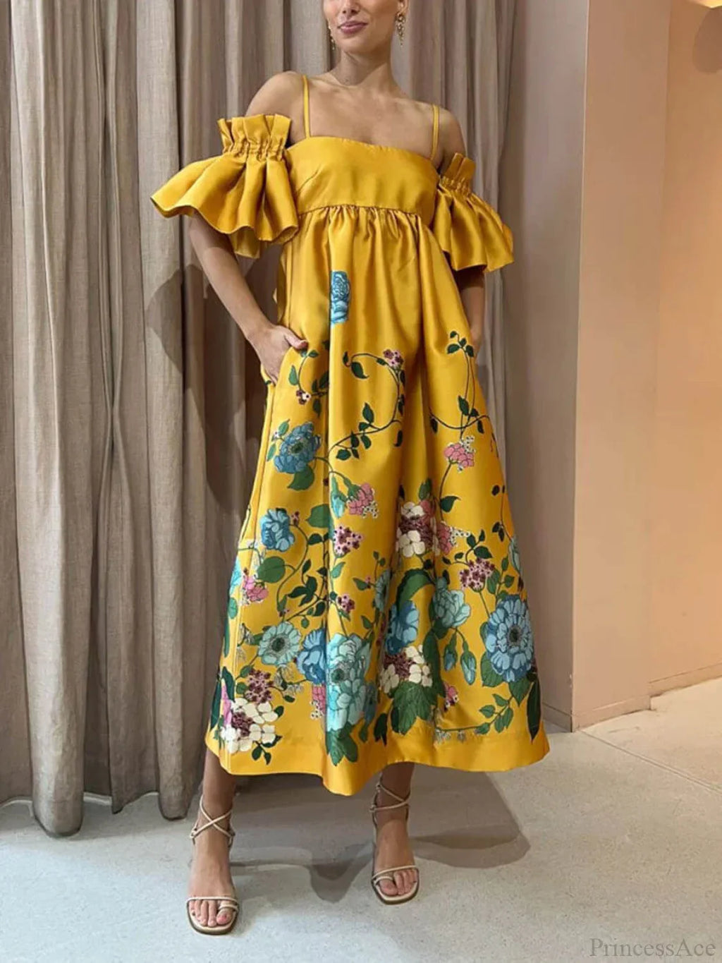 Marigold Printed Gathered Sleeve Graceful Pocketed A-Line Midi Dress image 1