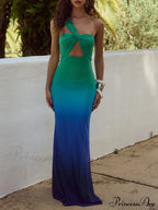 Marine Ombre Asymmetric Neck Graceful Evening Gown Maxi Dress image 2