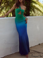 Marine Ombre Asymmetric Neck Graceful Evening Gown Maxi Dress image 1