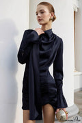 Matte Satin Ruffle Sleeve Stand Collar Mini Dress image 1