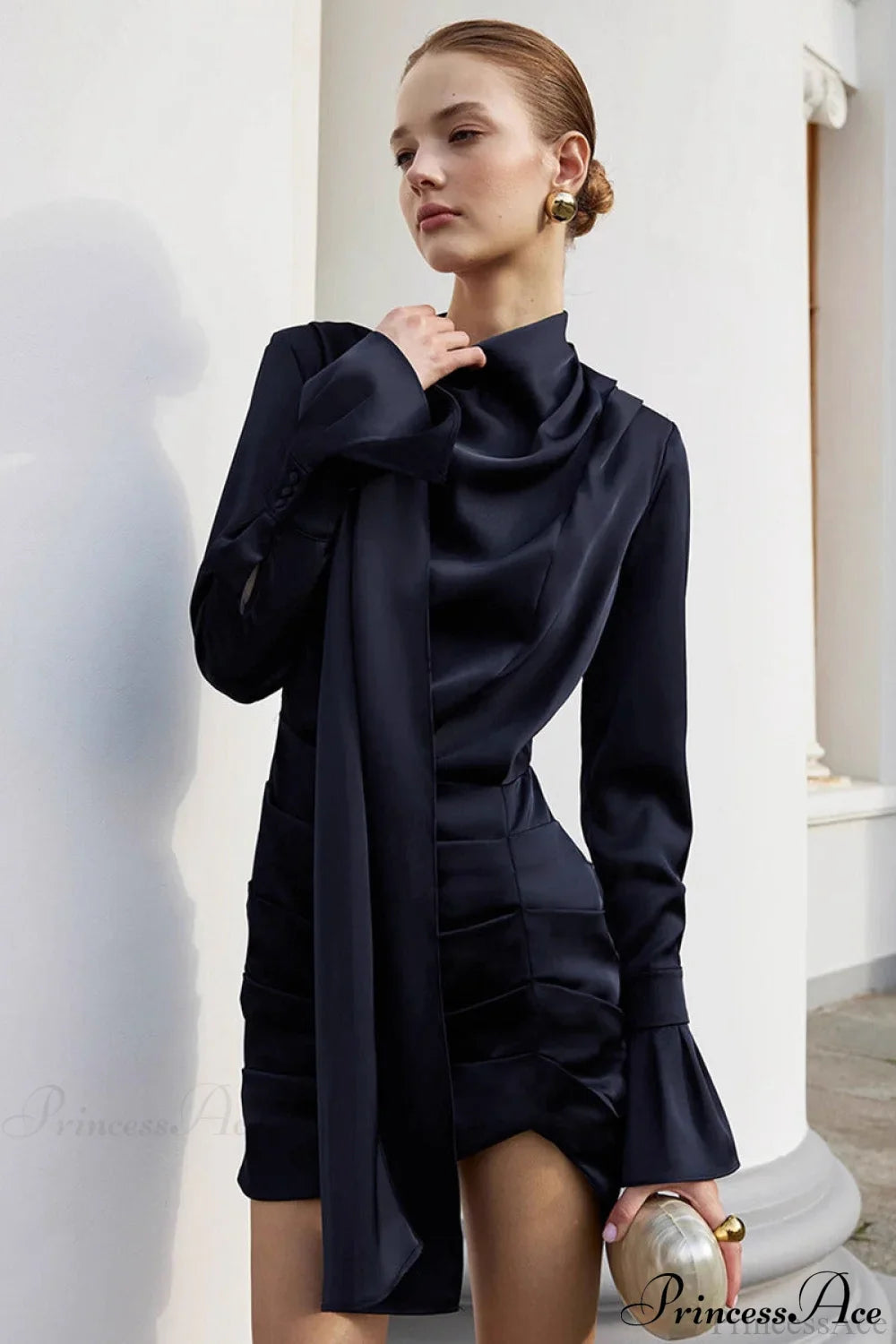 Matte Satin Ruffle Sleeve Stand Collar Mini Dress image 1
