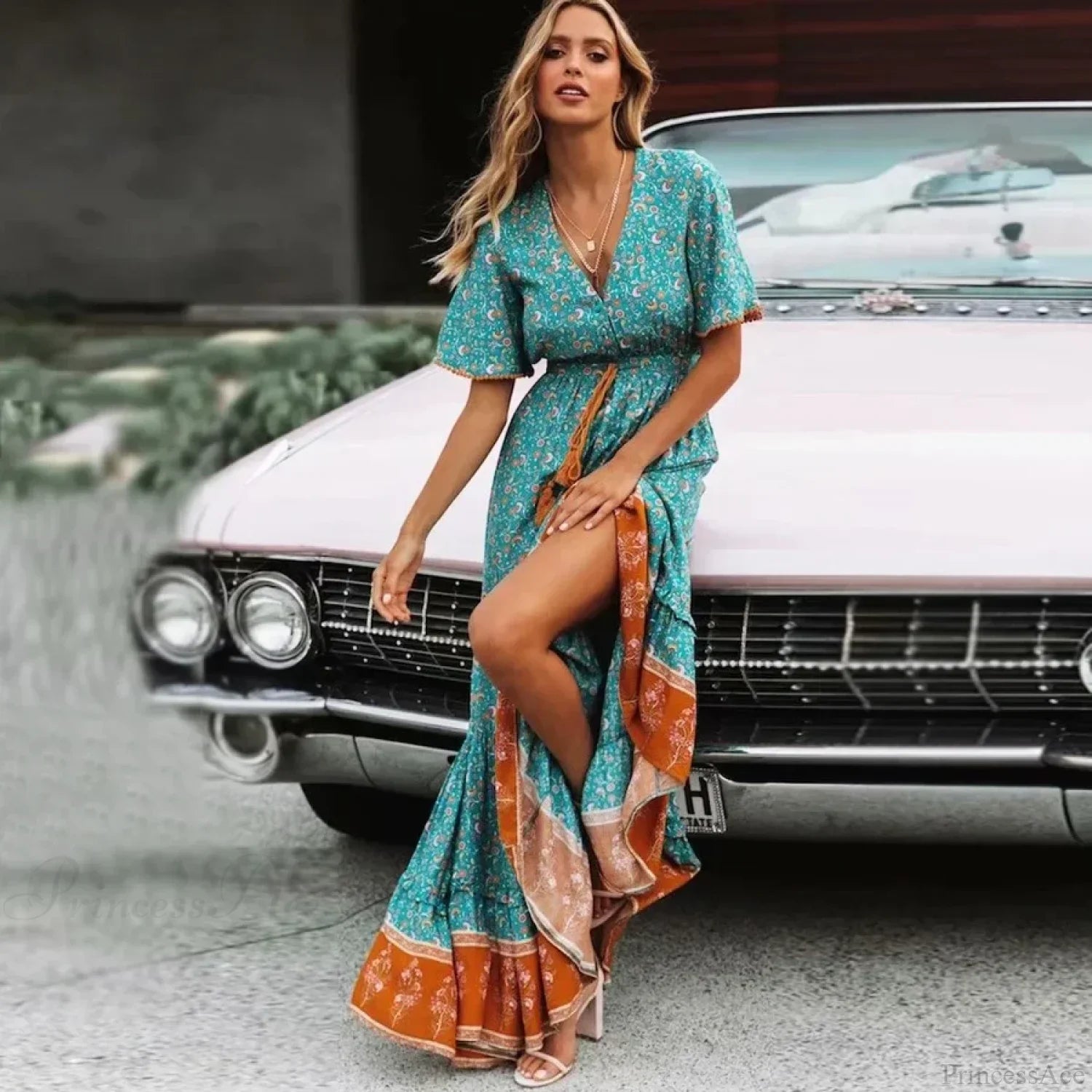 Maxi Dresses for Women Cotton Rayon Blue Floral Print Deep V-neck Boho Summer Dress image 4
