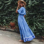 Maxi Dresses for Women Cotton Rayon Blue Floral Print Deep V-neck Boho Summer Dress image 3