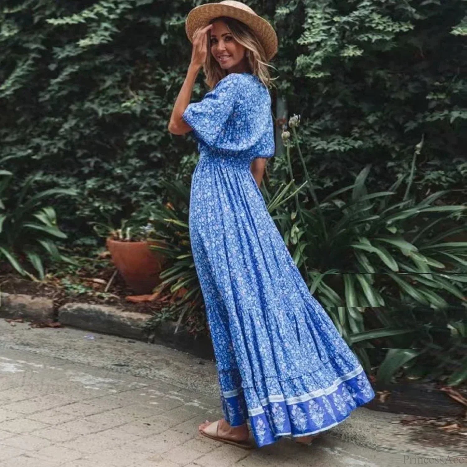 Maxi Dresses for Women Cotton Rayon Blue Floral Print Deep V-neck Boho Summer Dress image 3