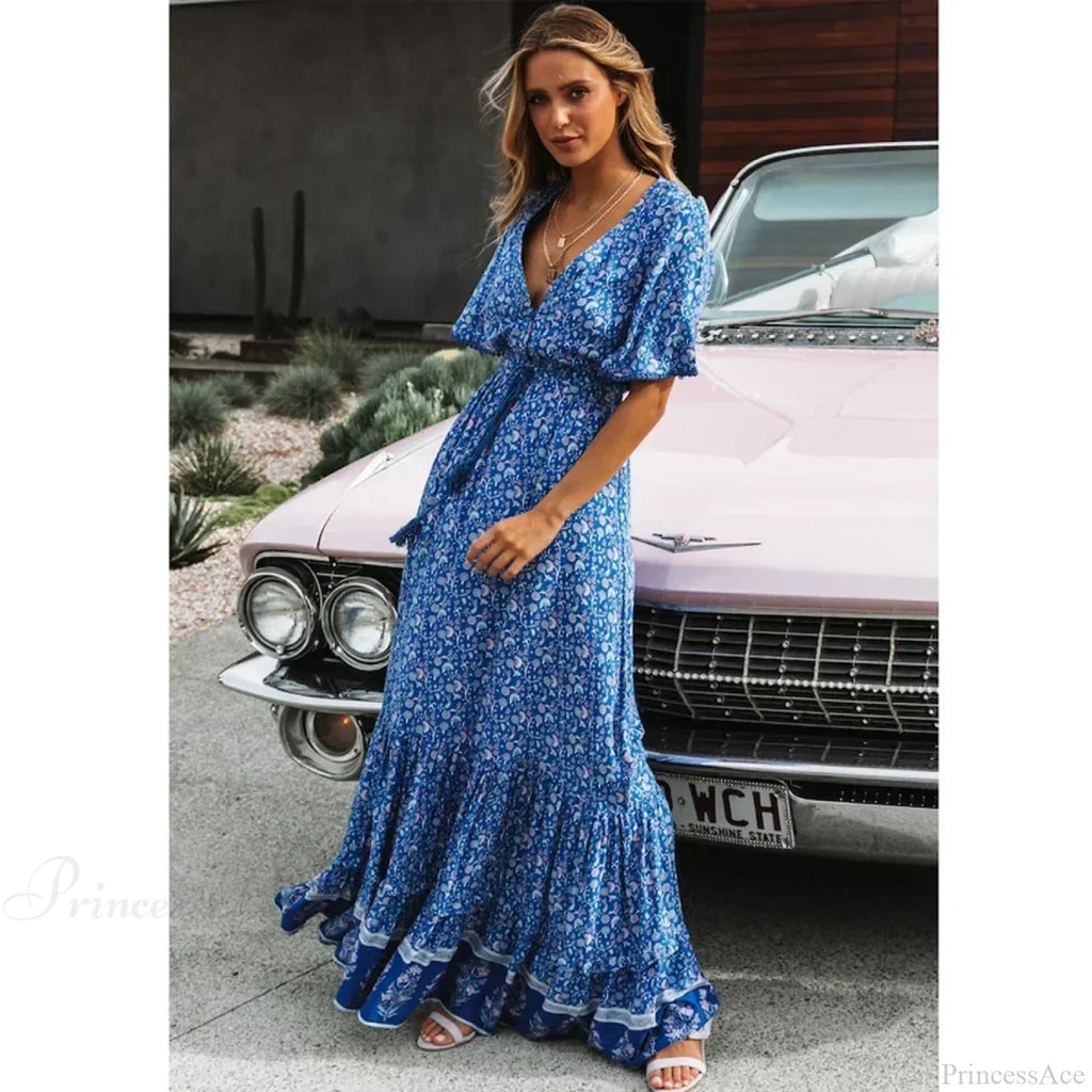 Maxi Dresses for Women Cotton Rayon Blue Floral Print Deep V-neck Boho Summer Dress image 1