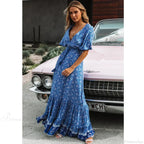 Maxi Dresses for Women Cotton Rayon Blue Floral Print Deep V-neck Boho Summer Dress image 1
