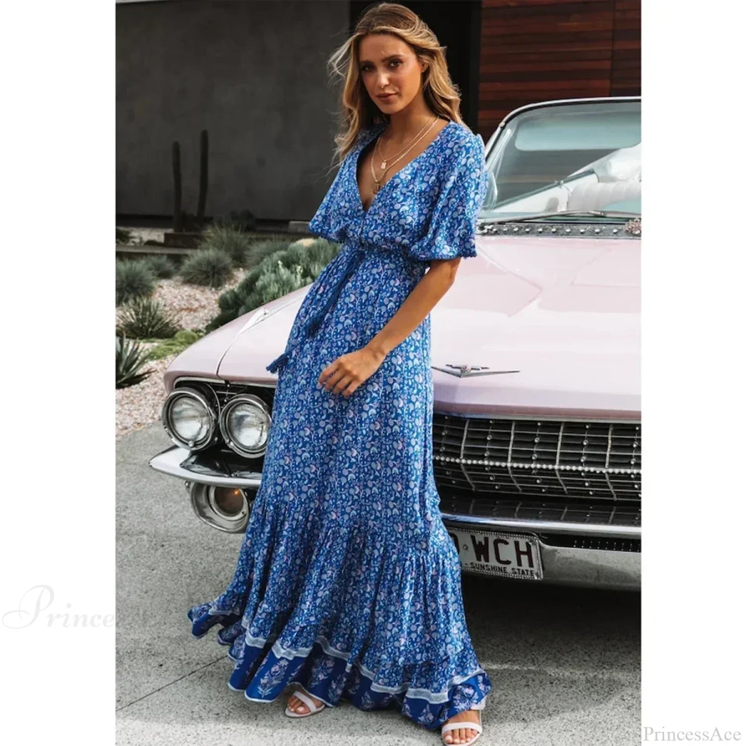 Maxi Dresses for Women Cotton Rayon Blue Floral Print Deep V-neck Boho Summer Dress image 1