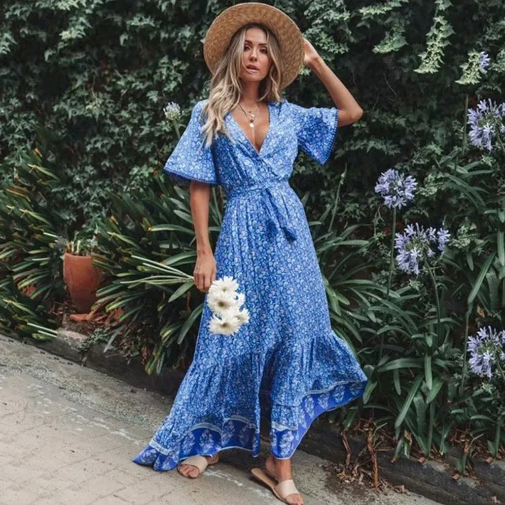 Maxi Dresses for Women Cotton Rayon Blue Floral Print Deep V-neck Boho Summer Dress image 2
