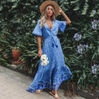 Maxi Dresses for Women Cotton Rayon Blue Floral Print Deep V-neck Boho Summer Dress image 2