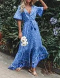 Maxi Dresses for Women Cotton Rayon Blue Floral Print Deep V-neck Boho Summer Dress image 5