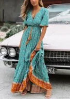 Maxi Dresses for Women Cotton Rayon Blue Floral Print Deep V-neck Boho Summer Dress image 6