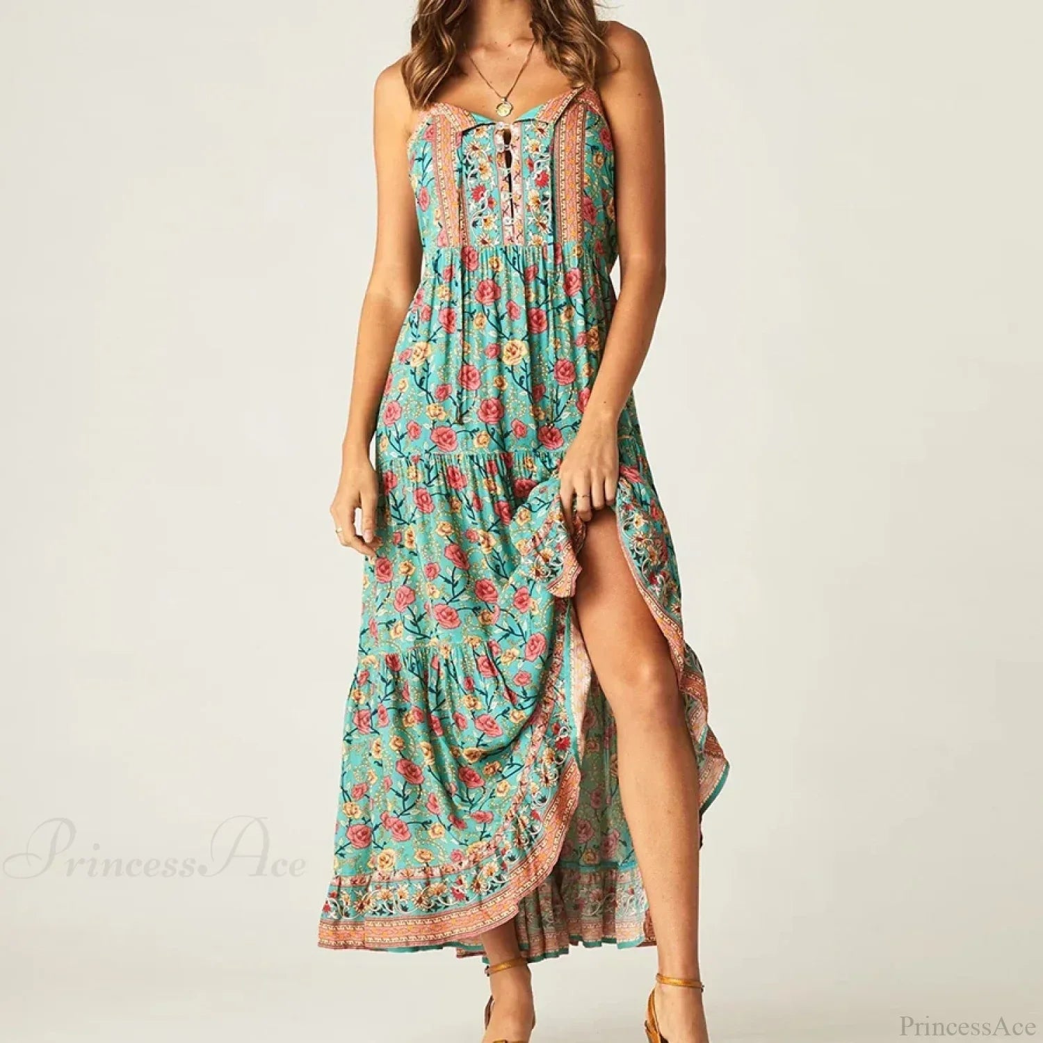 Maxi Strap Dress Green Rayon Floral Print Gypsy Summer Dress image 4